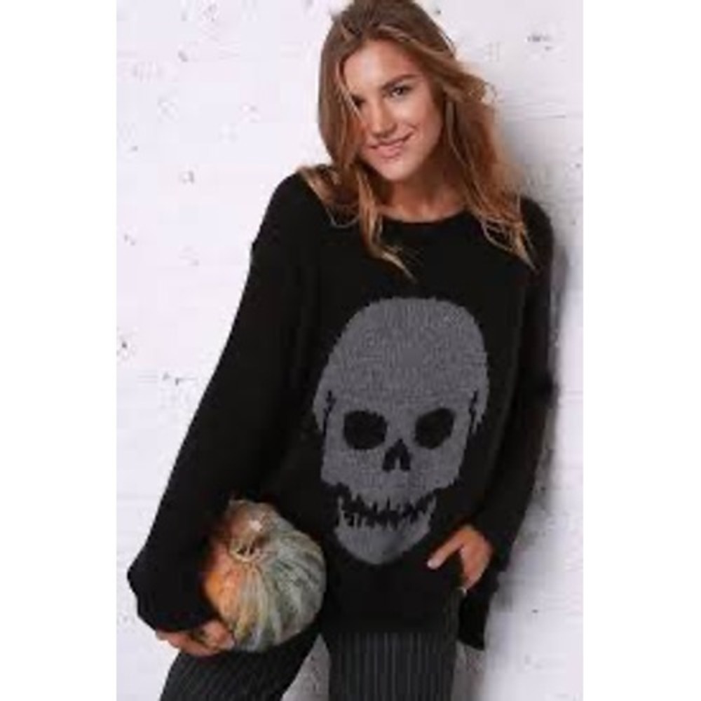 Wooden Ships Black Skull Knit Oversized Sweater Top M-L Goth Witchy Mohair Wool